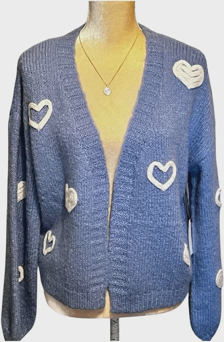 Heart Cardigan, Color: Sky Blue/Cream, Size: Med