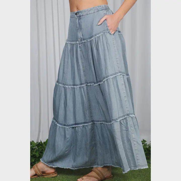 Tiered Maxi Skirt with Raw Hem, Size: Small