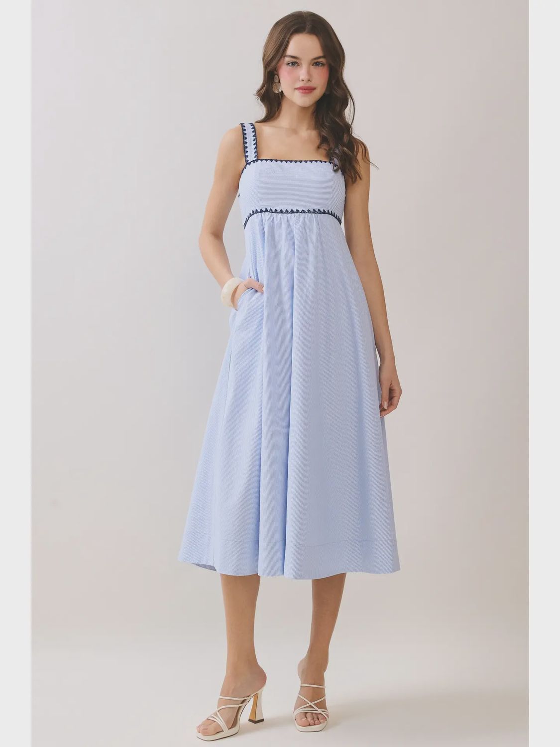 Empire Waist Midi Dress, Color: Blue Striped, Size: Small