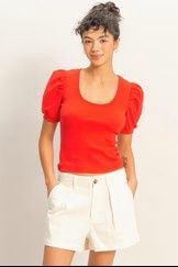 Puff Sleeve Ribbed Top, Color: Red, Size: Small