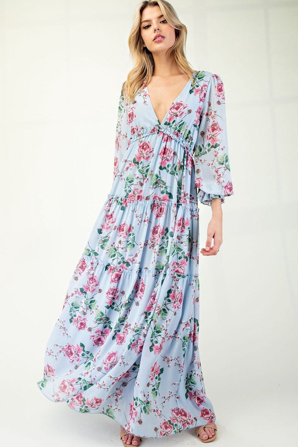 Floral Maxi - LS, Color: Sky Blue Mix, Size: Small
