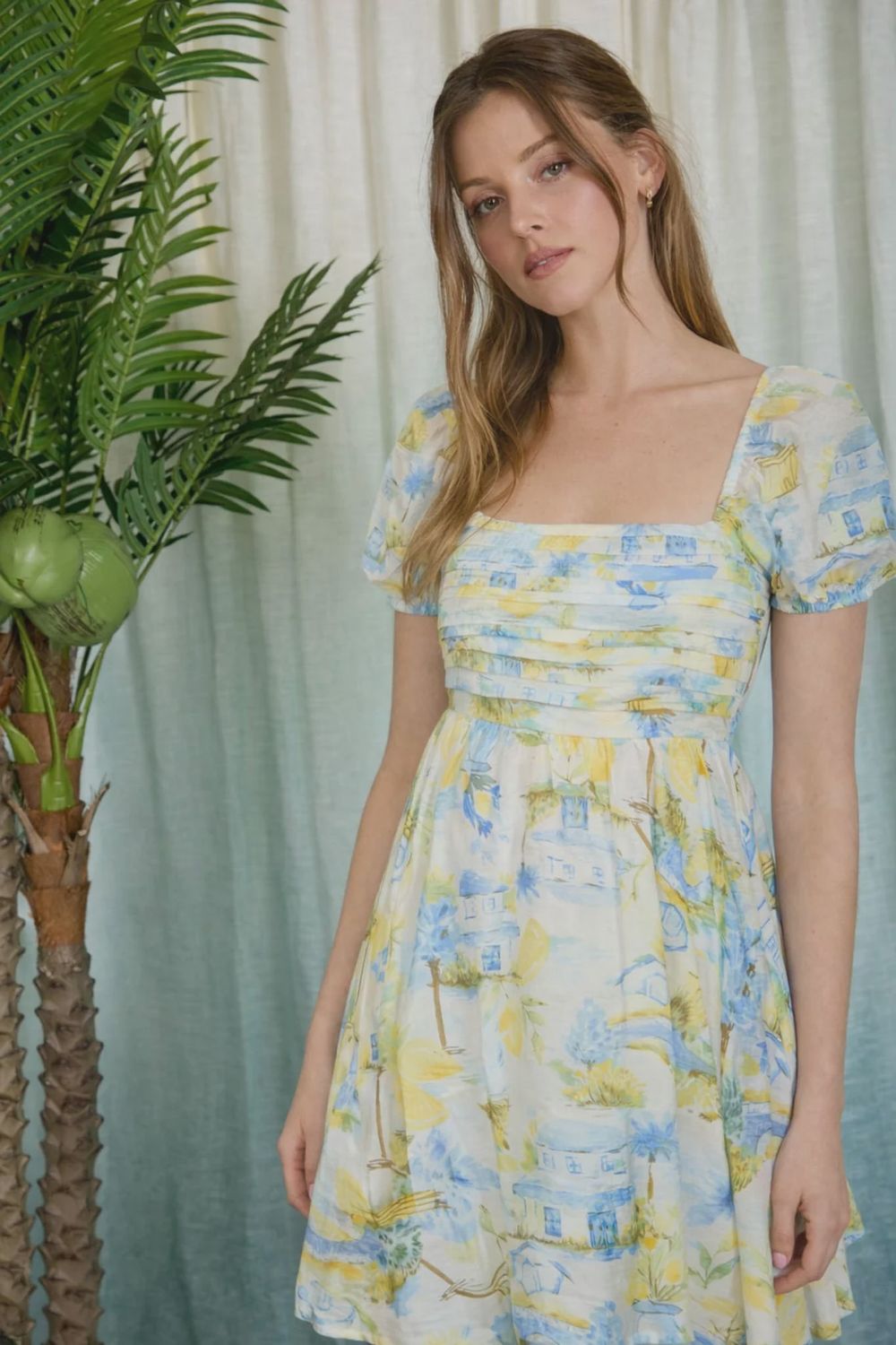 Puff Sleeve Mini Dress, Color: Lemon Print, Size: Small