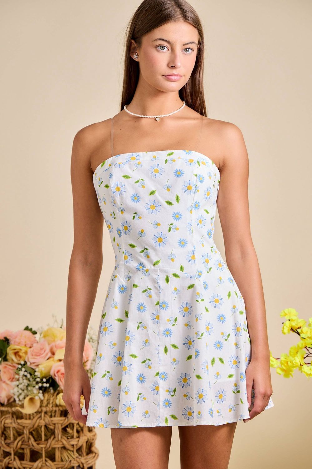 Daisy Print Strapless Romper – Bow Back Summer Outfit, Color: WHITE, Size: L