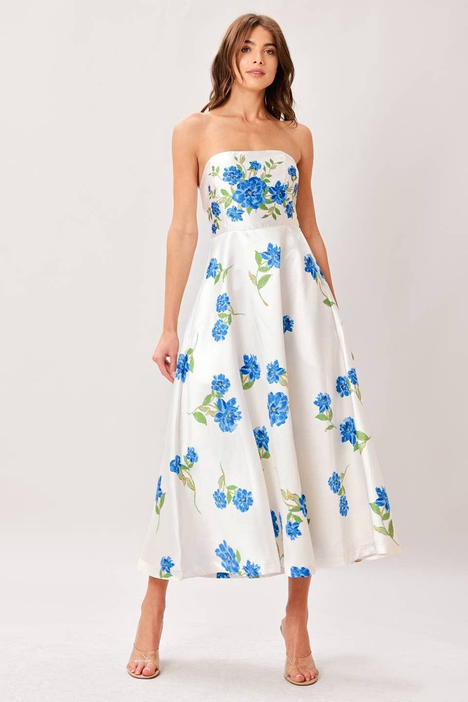 Floral Midi  Strapless, Color: Off White/Blue, Size: Small