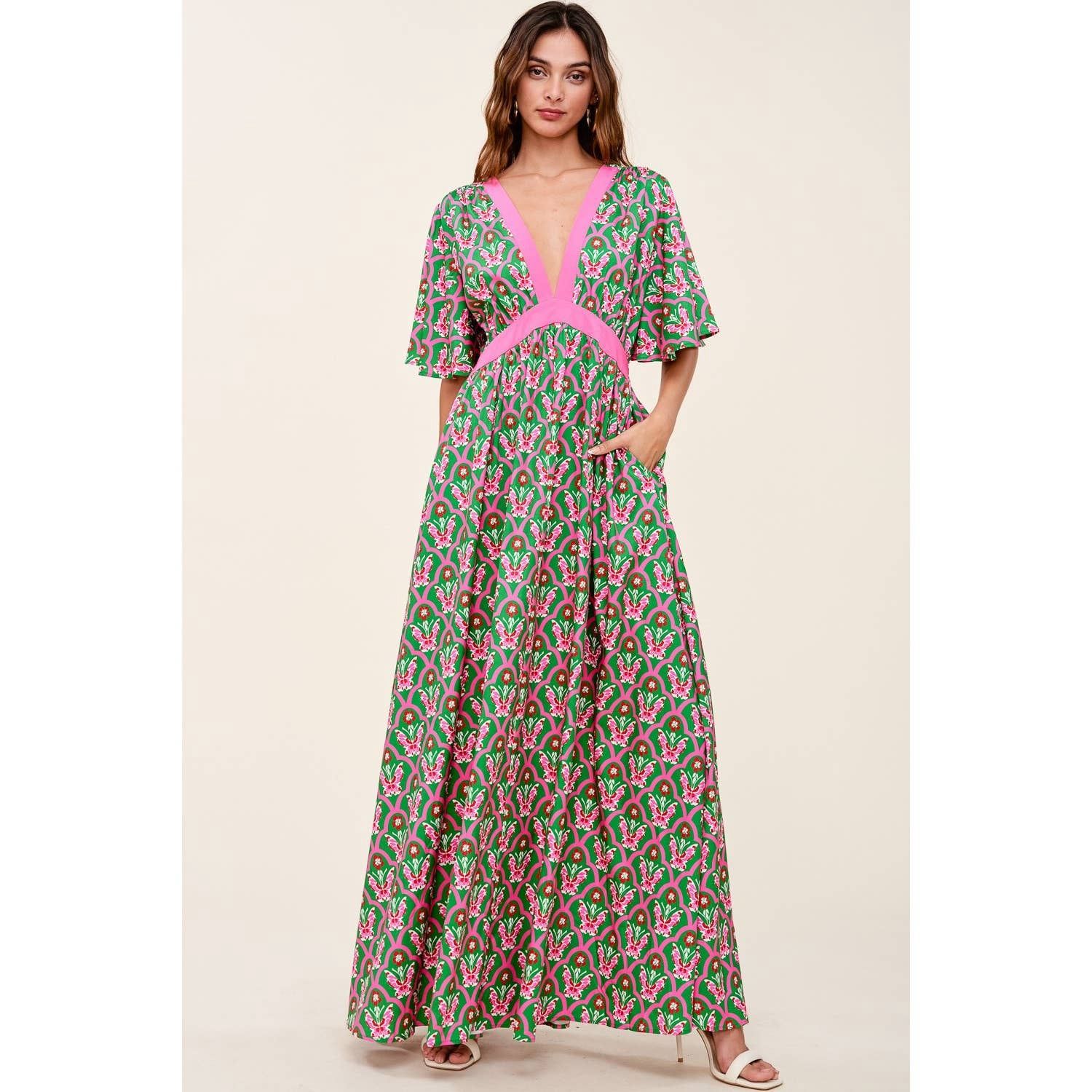 Printed Maxi Dress With Pockets, Color: Pink/Kelly Green, Size: S