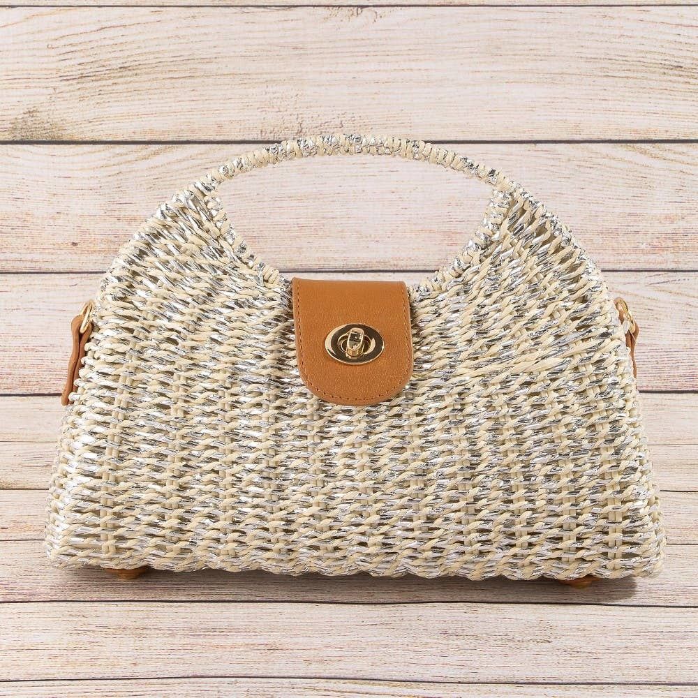 Woven Straw Top Handle Handbag, Color: White