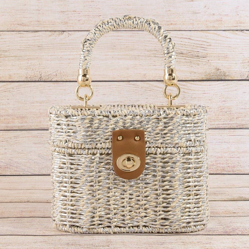 Metallic Woven Straw Top Handle Box Bag