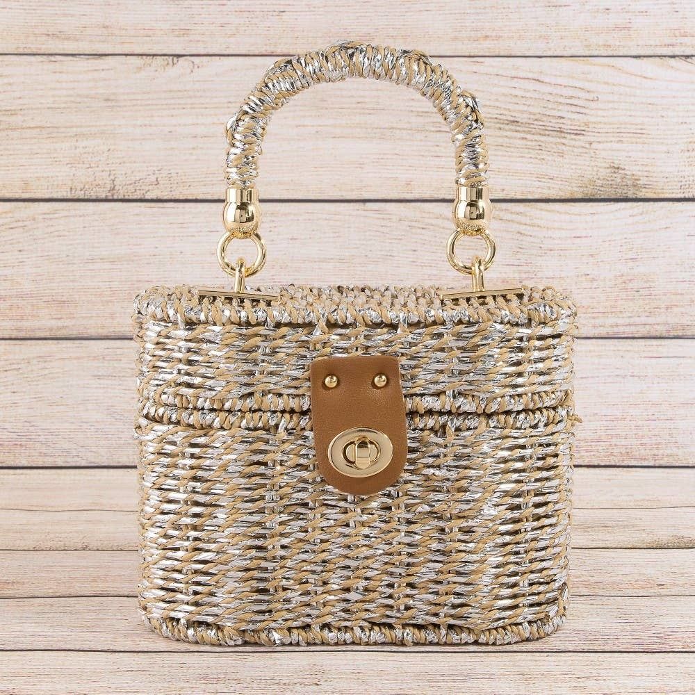 Metallic Woven Straw Top Handle Box Bag, Color: KH