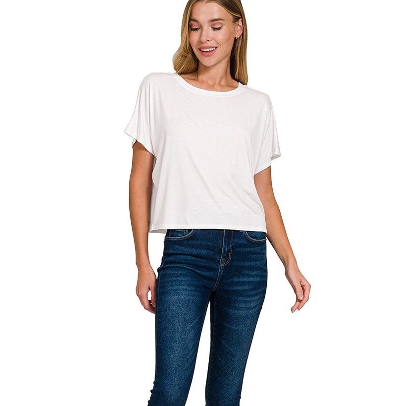 Cropped Round Neck Tee, Color: Ivory, Size: Small