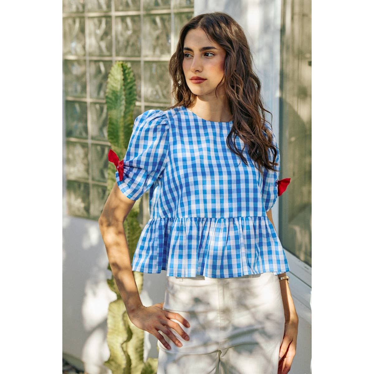 Gingham Ribbon Short Sleeve Bow Top