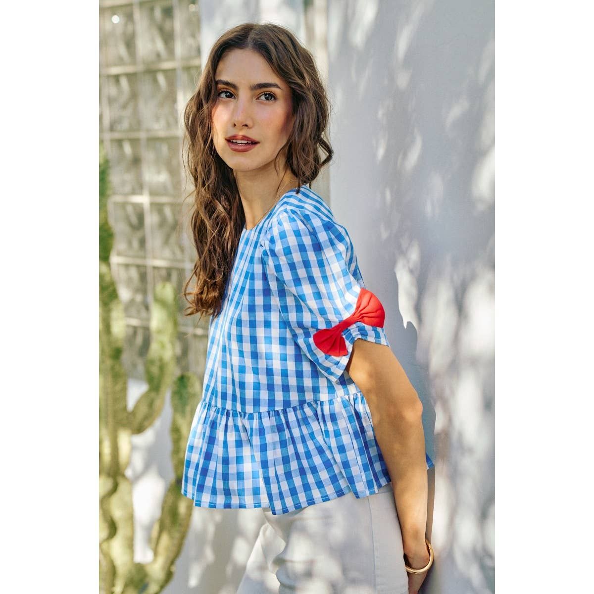 Gingham Ribbon Short Sleeve Bow Top, Size: XL