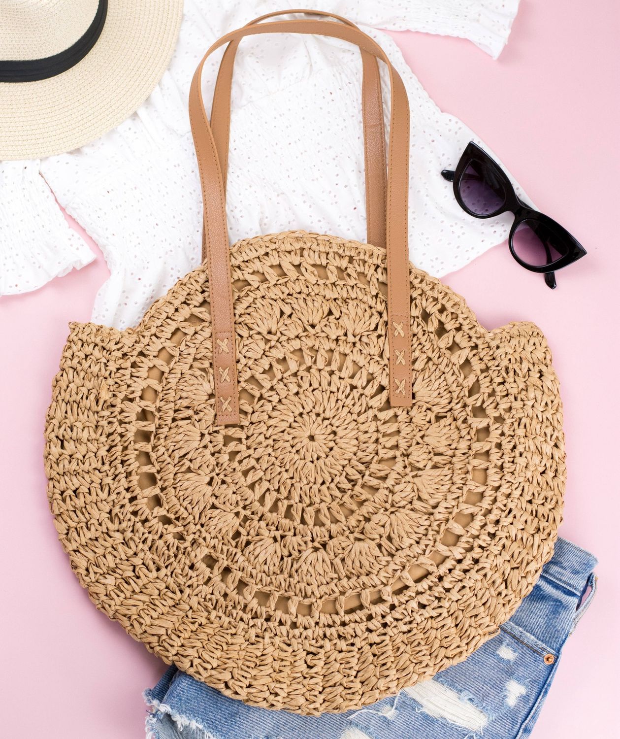 Straw Circle Tote, Color: Khaki
