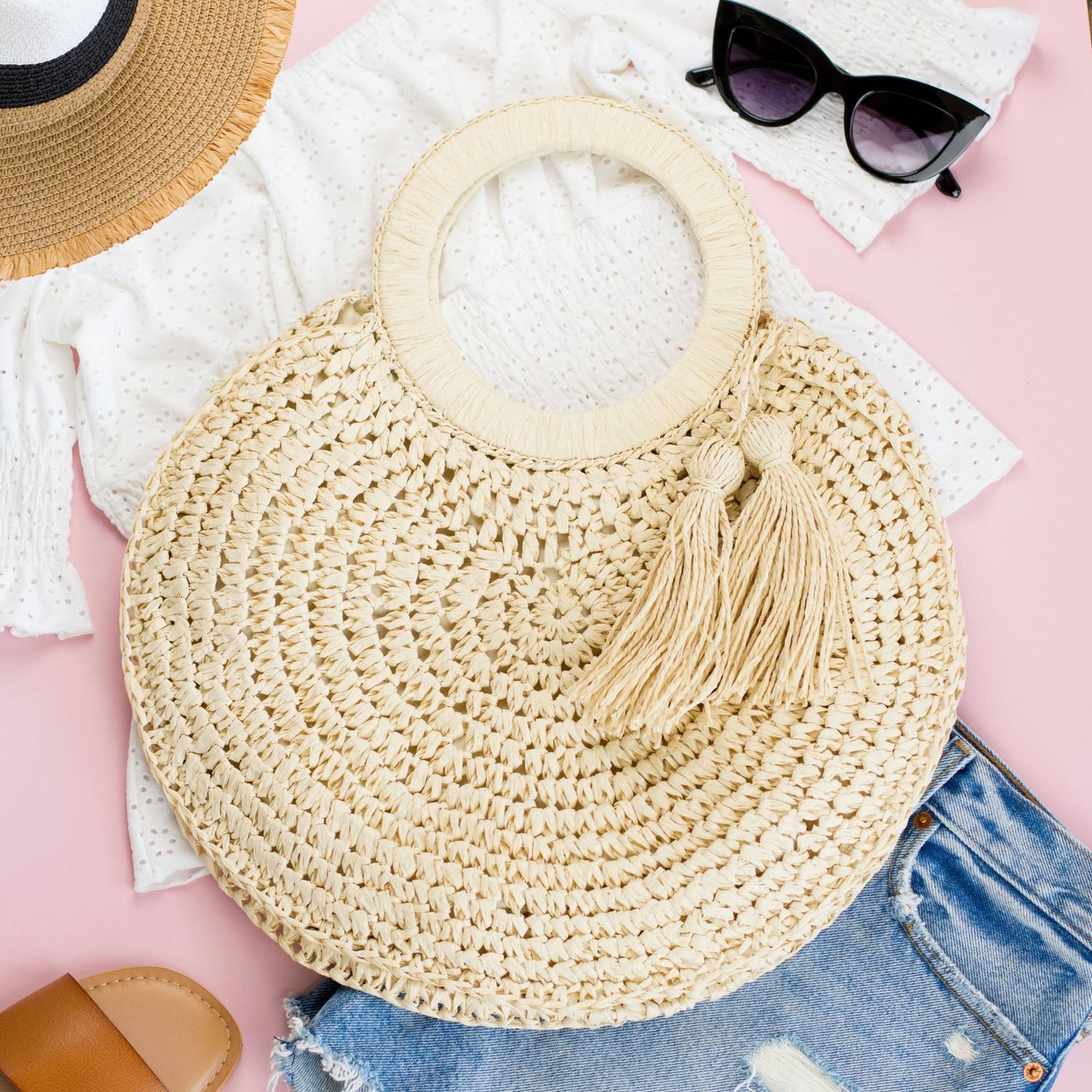 Tassel O Ring Tote, Color: Straw