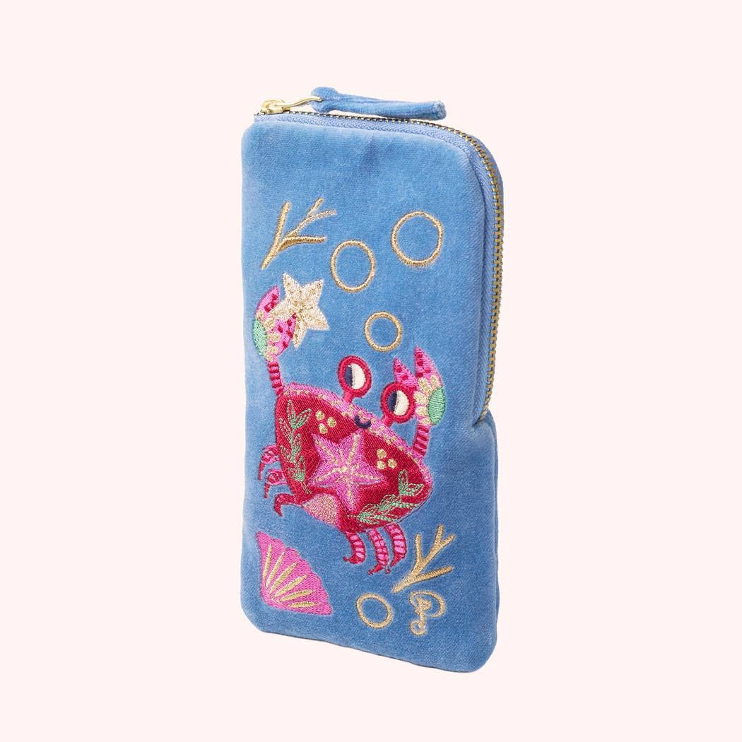 Velvet Sunglasses Pouch - Seafaring Crab, Colour: Blue