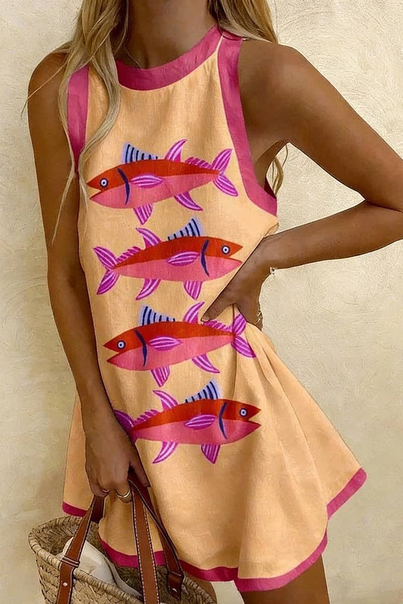 Beach Print Sleeveless Dress, Color: Fishes, Size: S