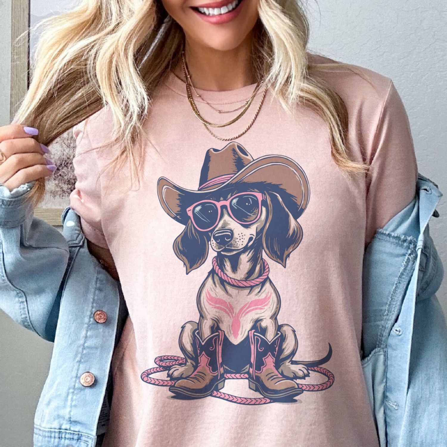 Western Hound Dog Cowboy Tee, Color: Peach, Size: Medum