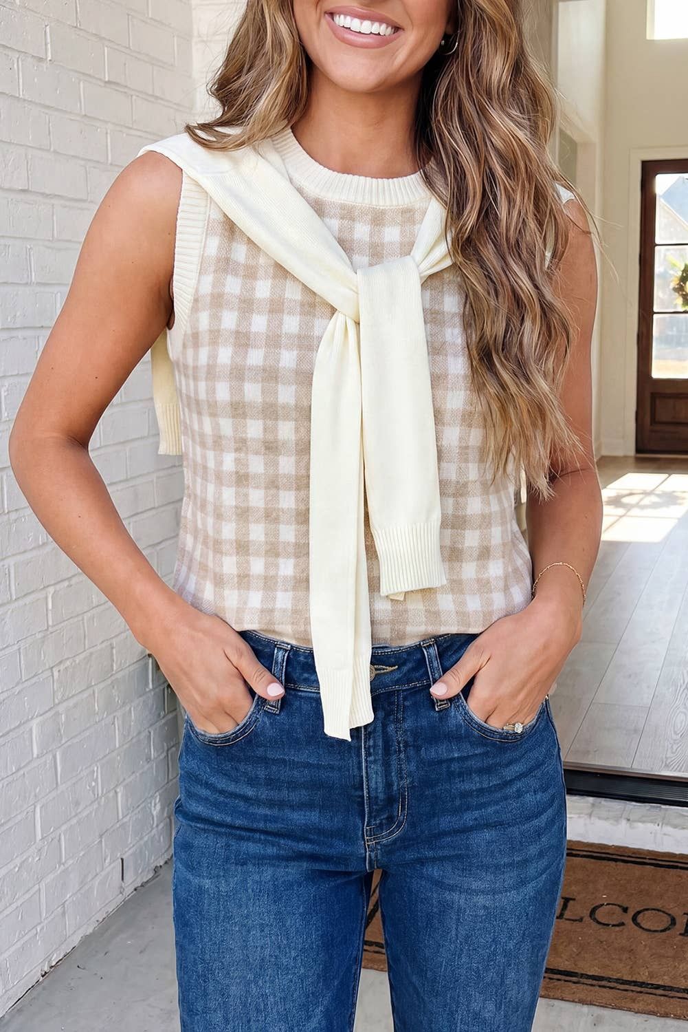 Gingham Sweater w/ Detachable Wrap, Size: Small