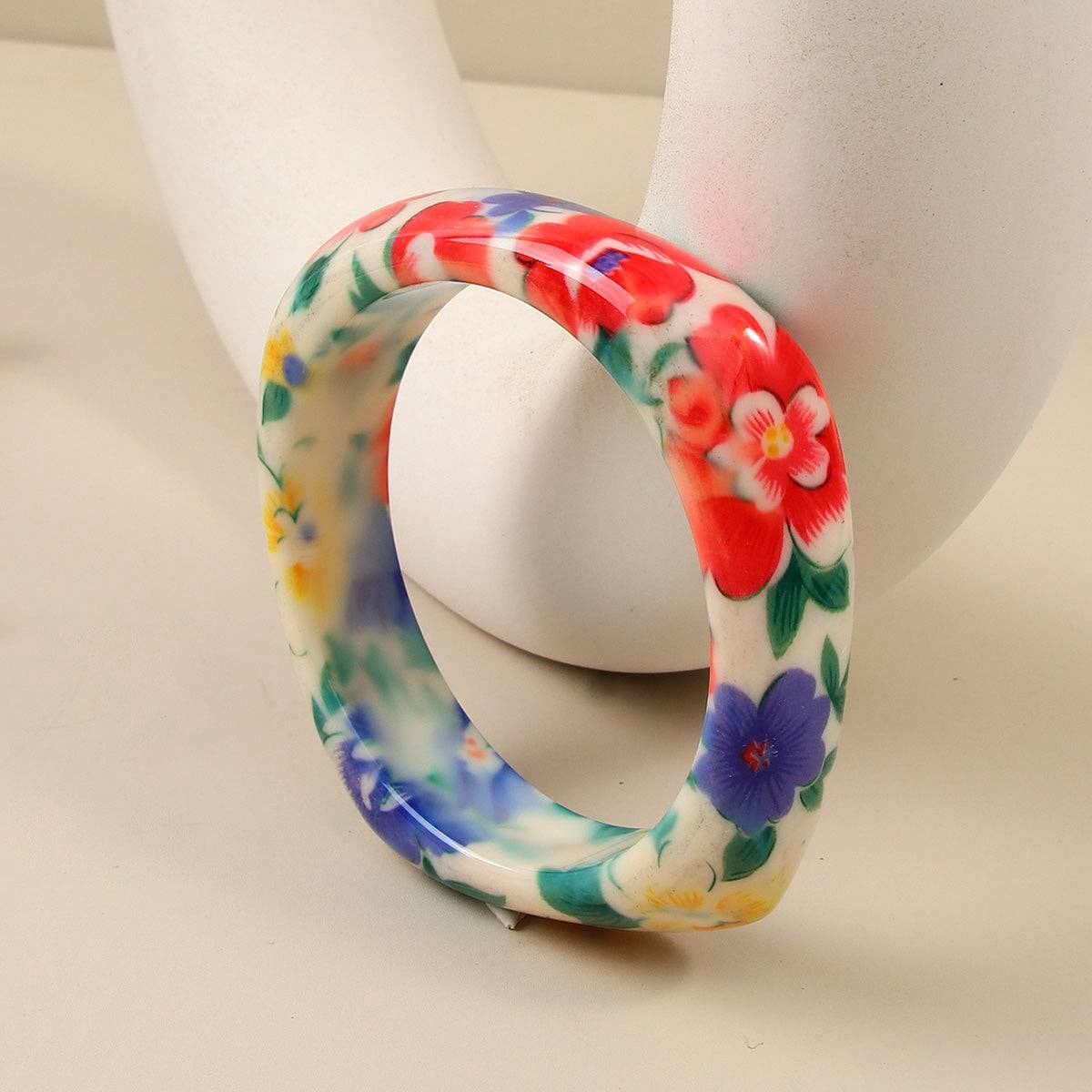 Vintage Bohemian Resin Floral Bangle, Color: Red Peony