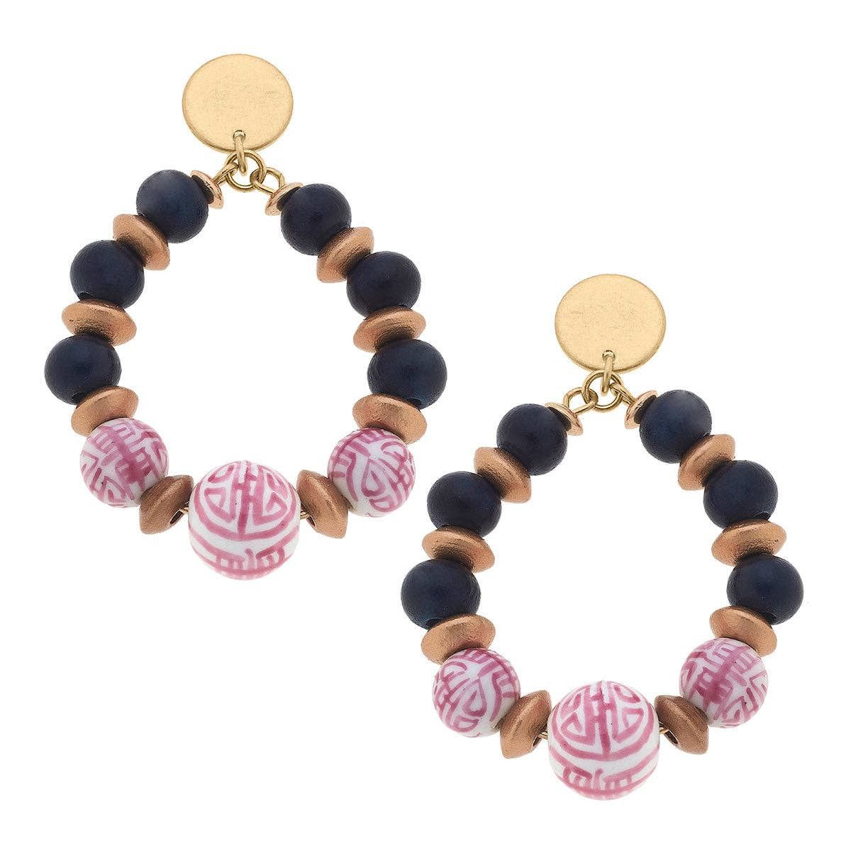Tansy Pink &amp; White Chinoiserie &amp; Painted Wood Teardrop Earrings in Navy