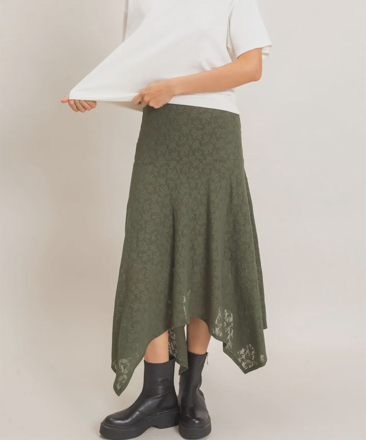 Floral Lace Hanky Hem Skirt, Color: Hunter Green, Size: Small