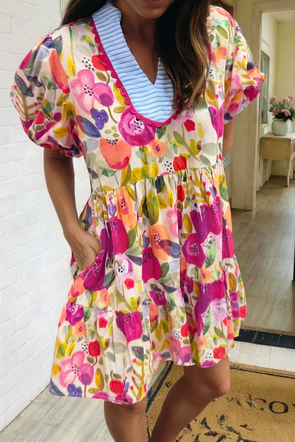 Floral Print Ricrac Trim Striped Patchwork Dress, Size: Small