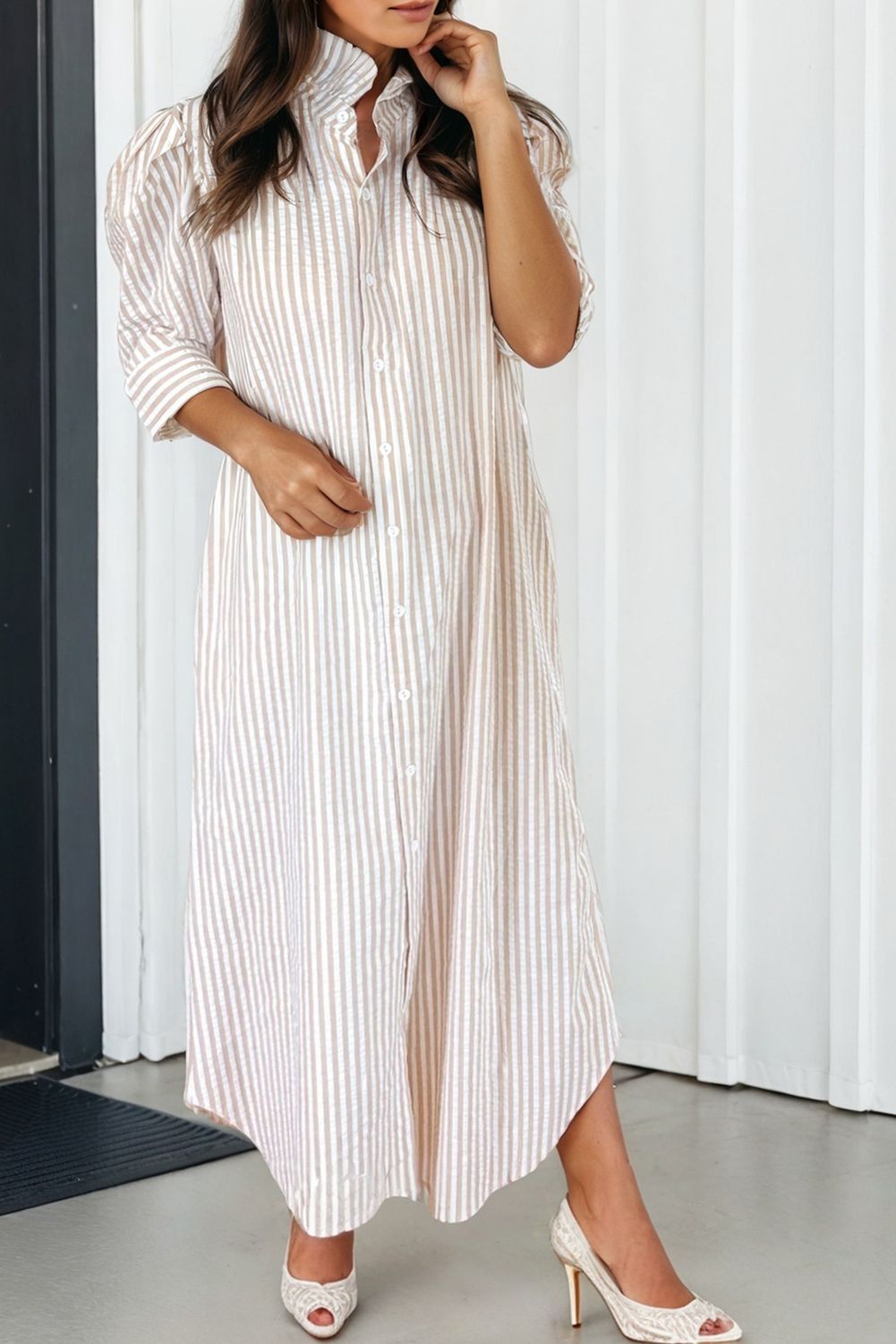 Seersucker Half Sleeve Shirt Maxi Dress, Color: Khaki Stripe, Size: S