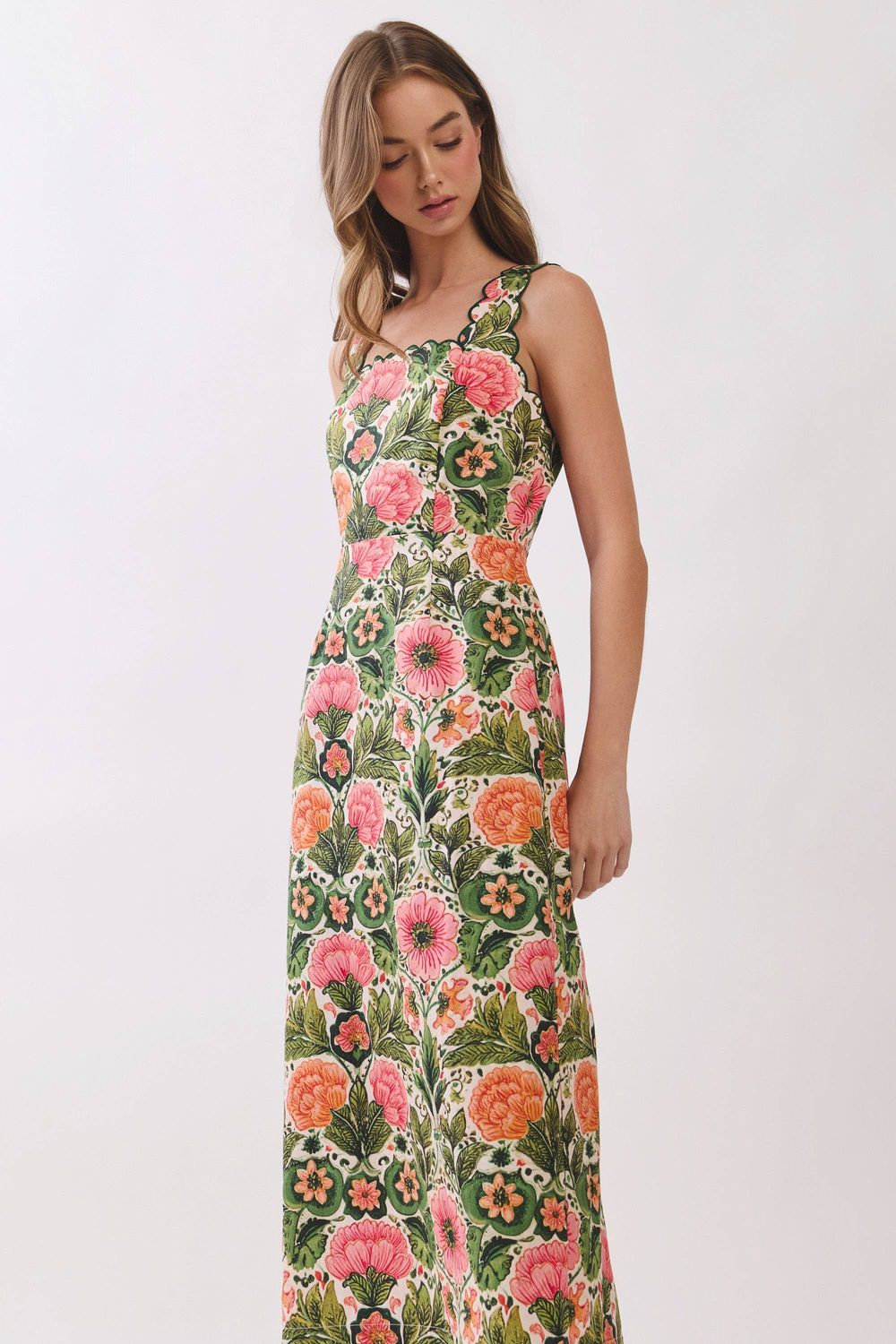 Floral Scallop Trim Detail Midi Dress, Size: Small