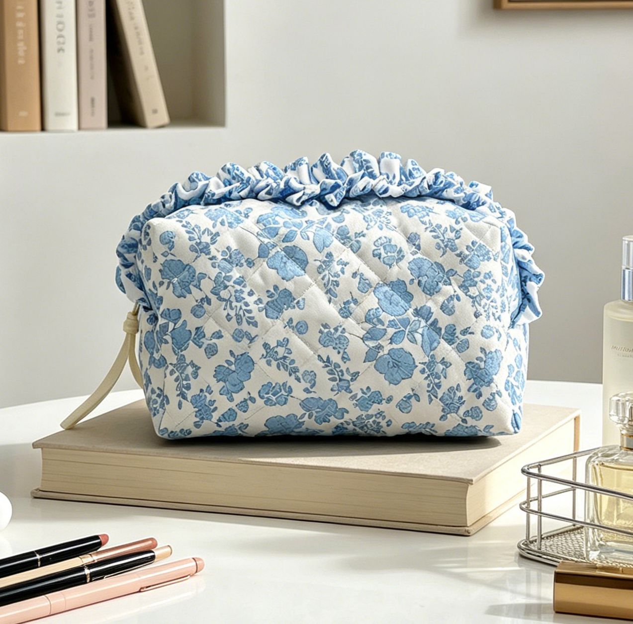 Floral Quilted Bow Ruffle Makeup Bag, Color: Blue Floral