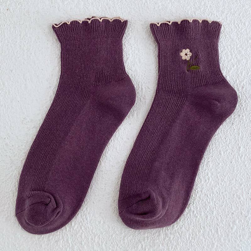 Ribbed Crew Socks with Floral/ Ruffle Edge, Color: Plum