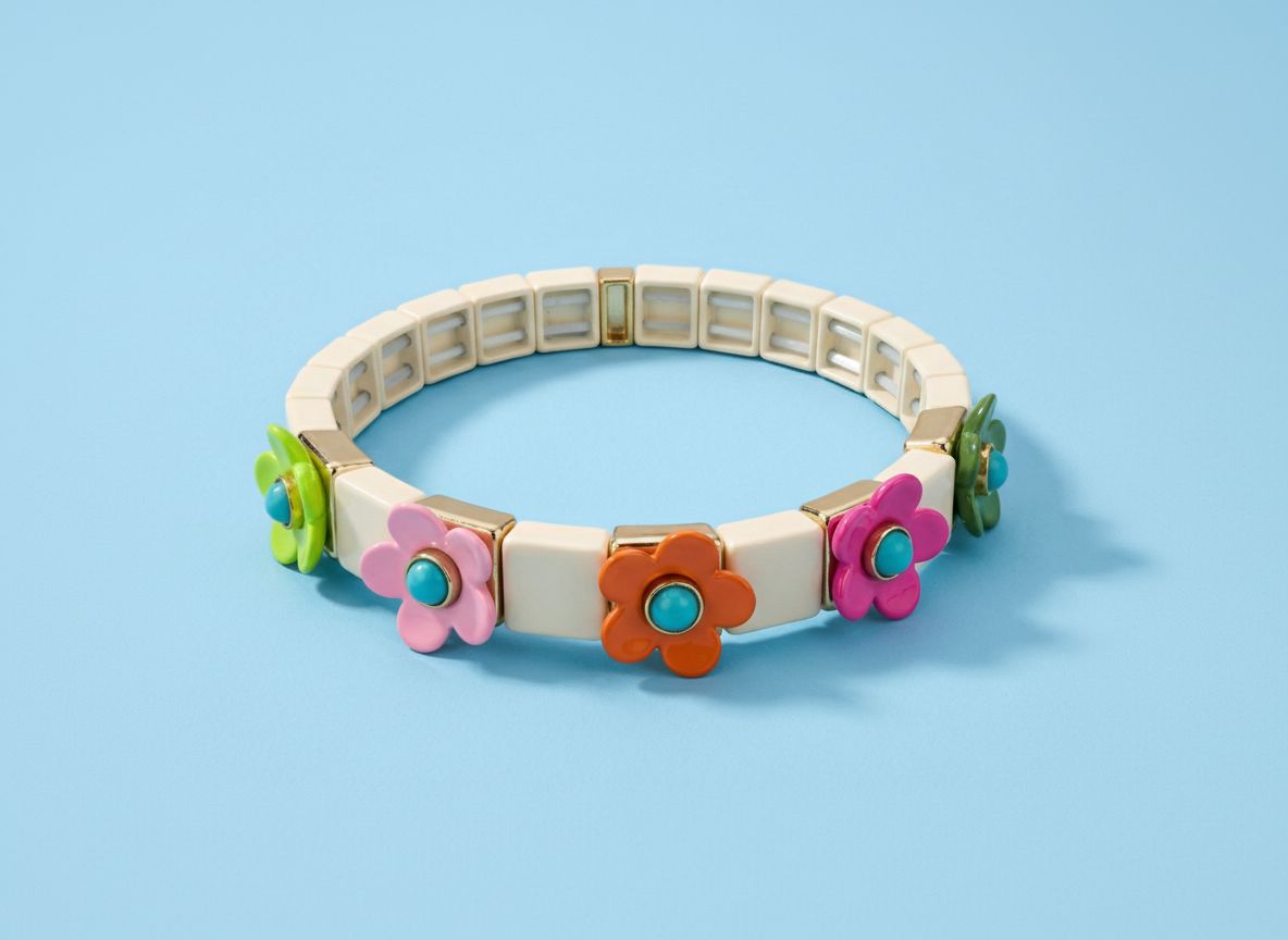 Enamel Stretch Bracelet - Flowers - Poppy - Assorted Colors, Color: White w/ Rainbow Flowers
