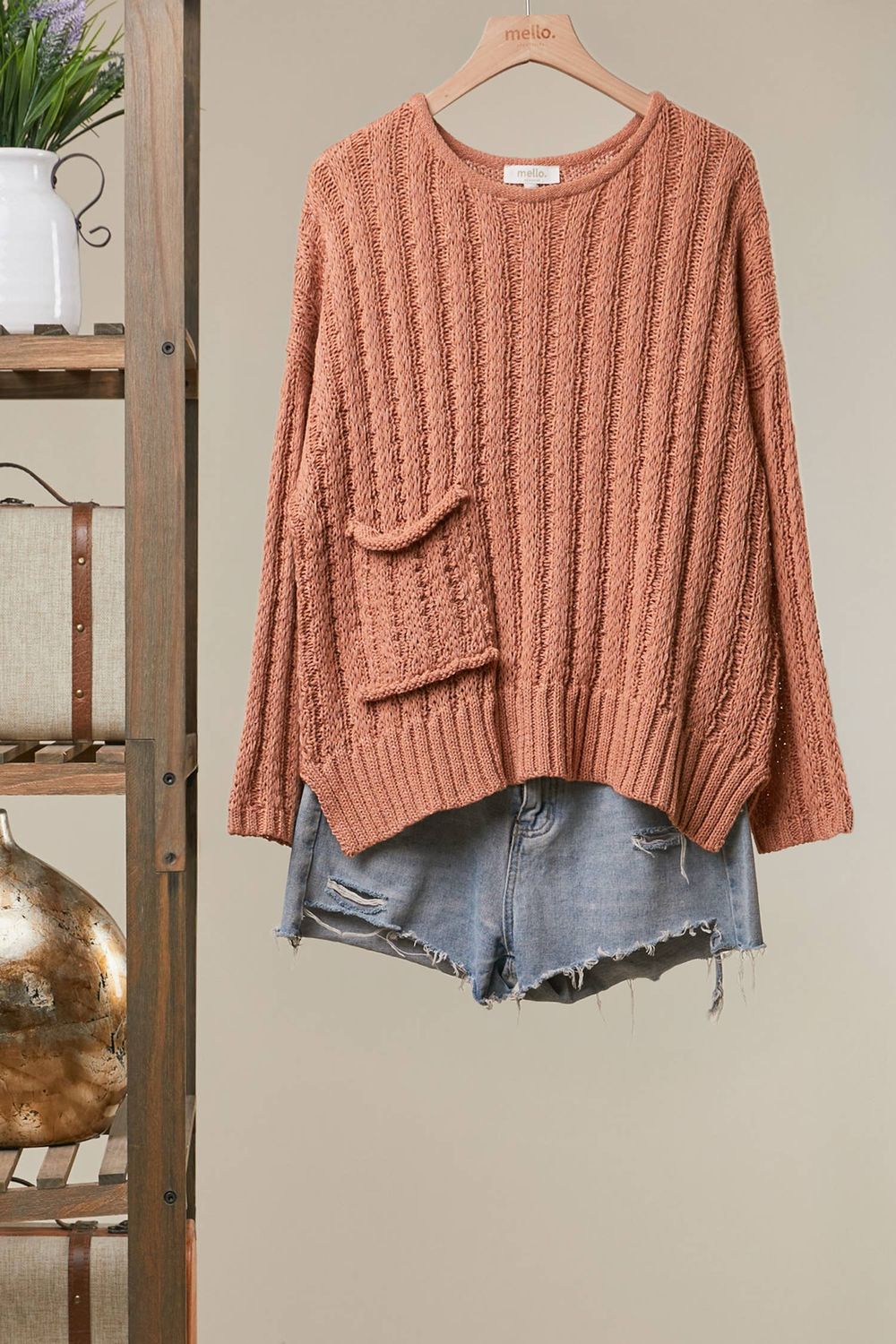 Relaxed Fit Rib Knit Pocket Sweater