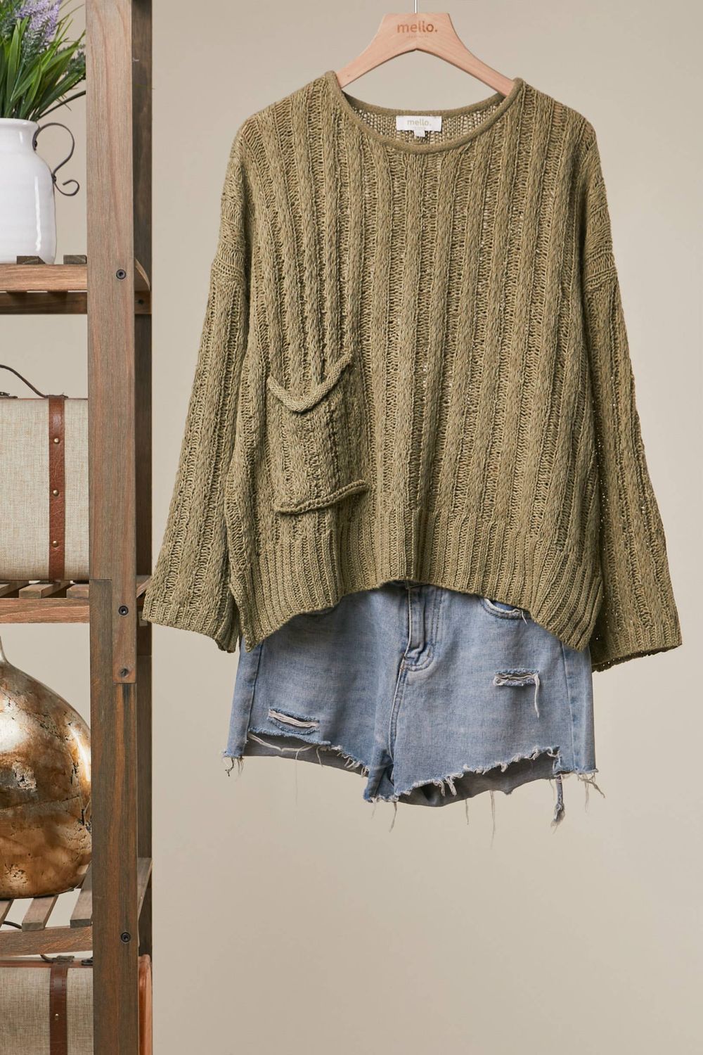 Relaxed Fit Rib Knit Pocket Sweater, Color: Olive, Size: S