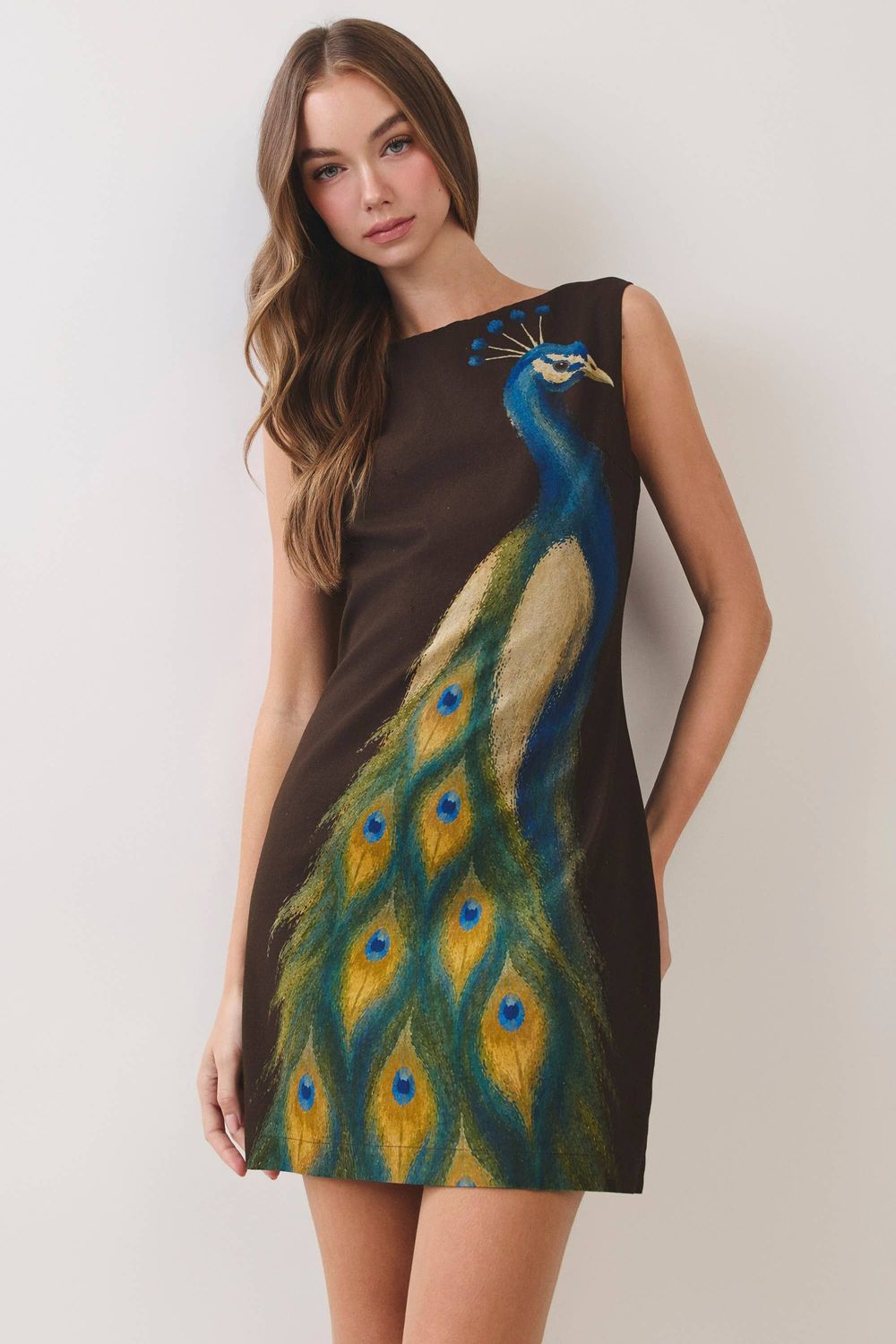 Peacock Print Mini Dress, Color: CHOCOLATE, Size: M