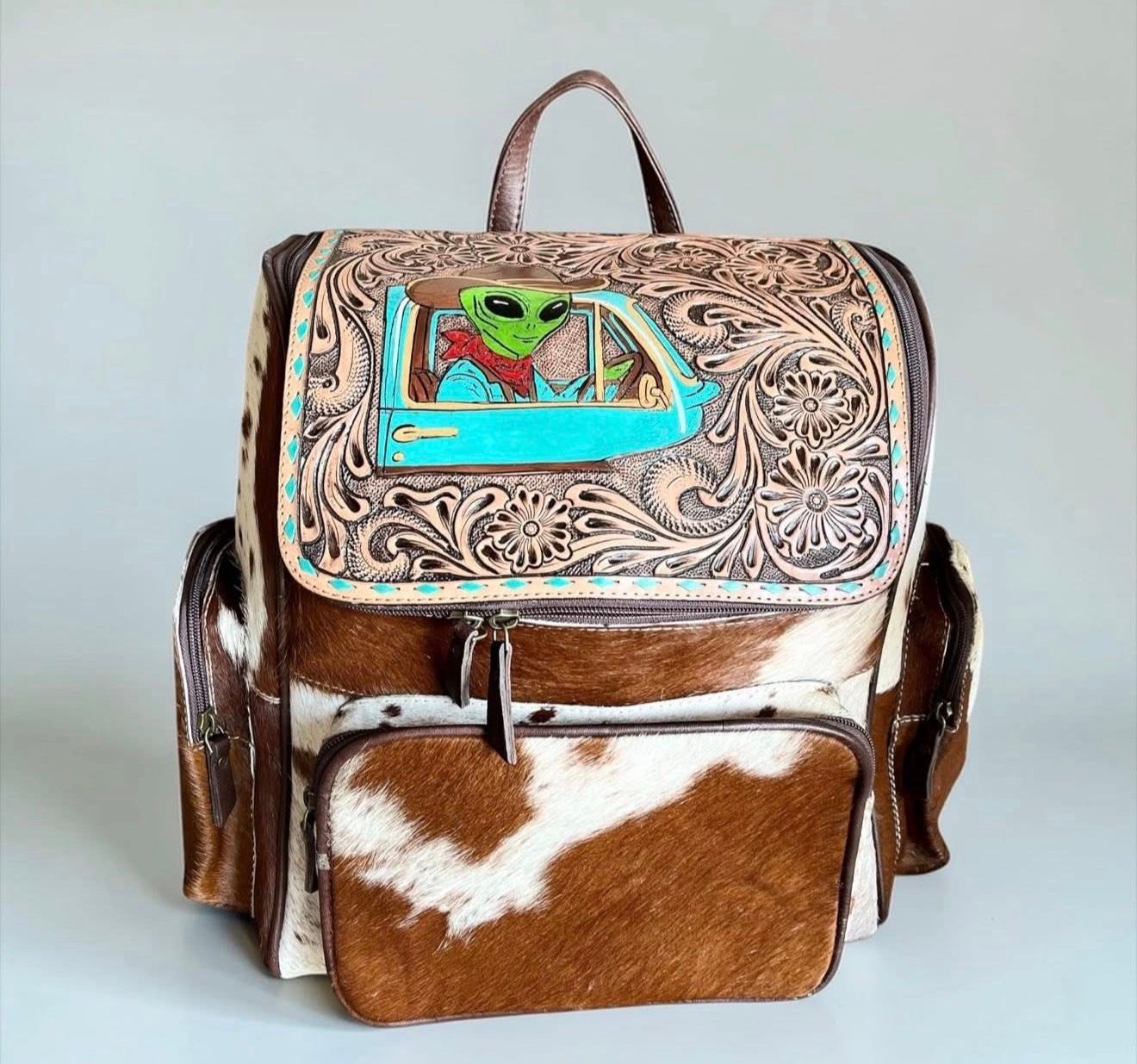 Alien Tooled Leather Bookbag