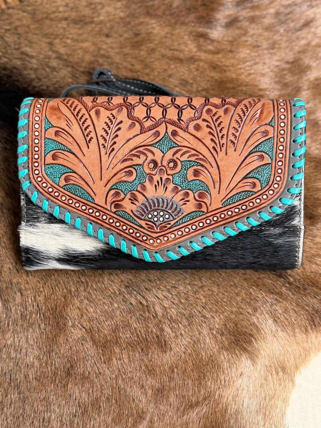 Crossbody Cowhide Tooled Leather Wallet