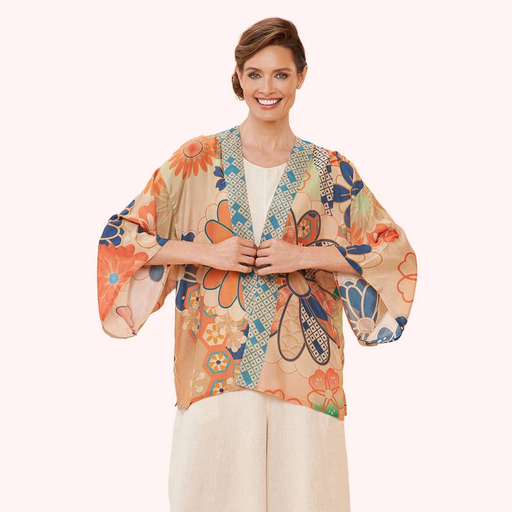 70s Kaleidoscope Floral Kimono Jacket in Coconut