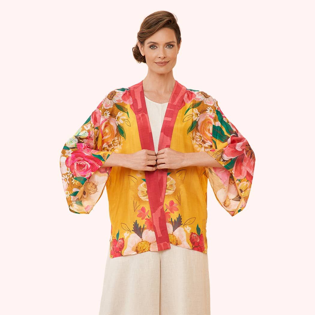Impressionist Floral Kimono Jacket in Mustard
