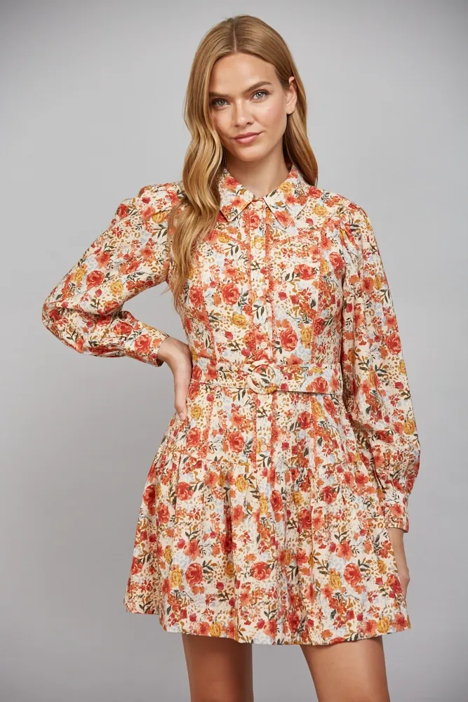 Floral Print Button/Waist Shirt Dress, Size: Small