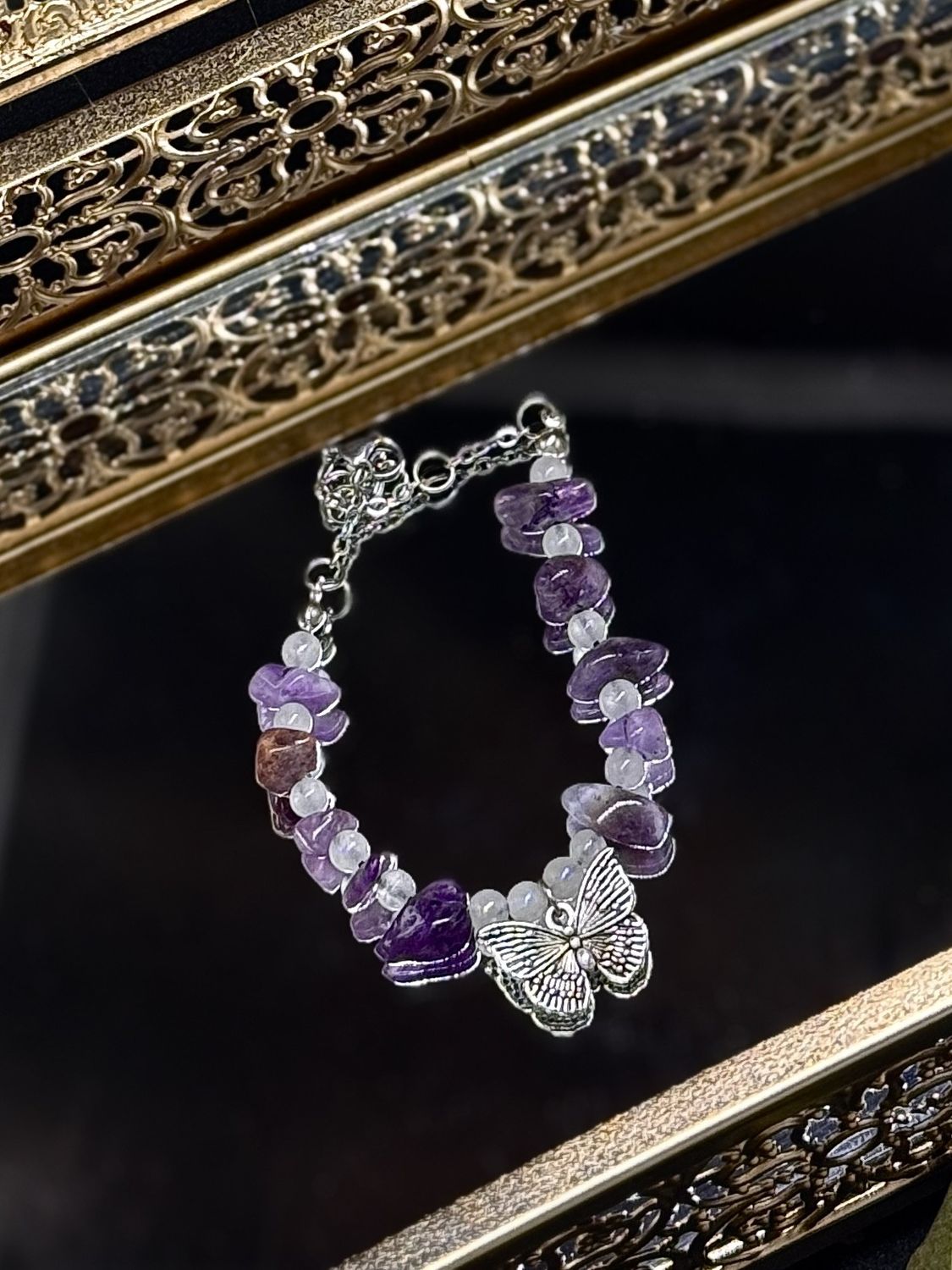 Srebrna Przednoc | Bransoletka | Ametyst &amp; kamień księżycowy