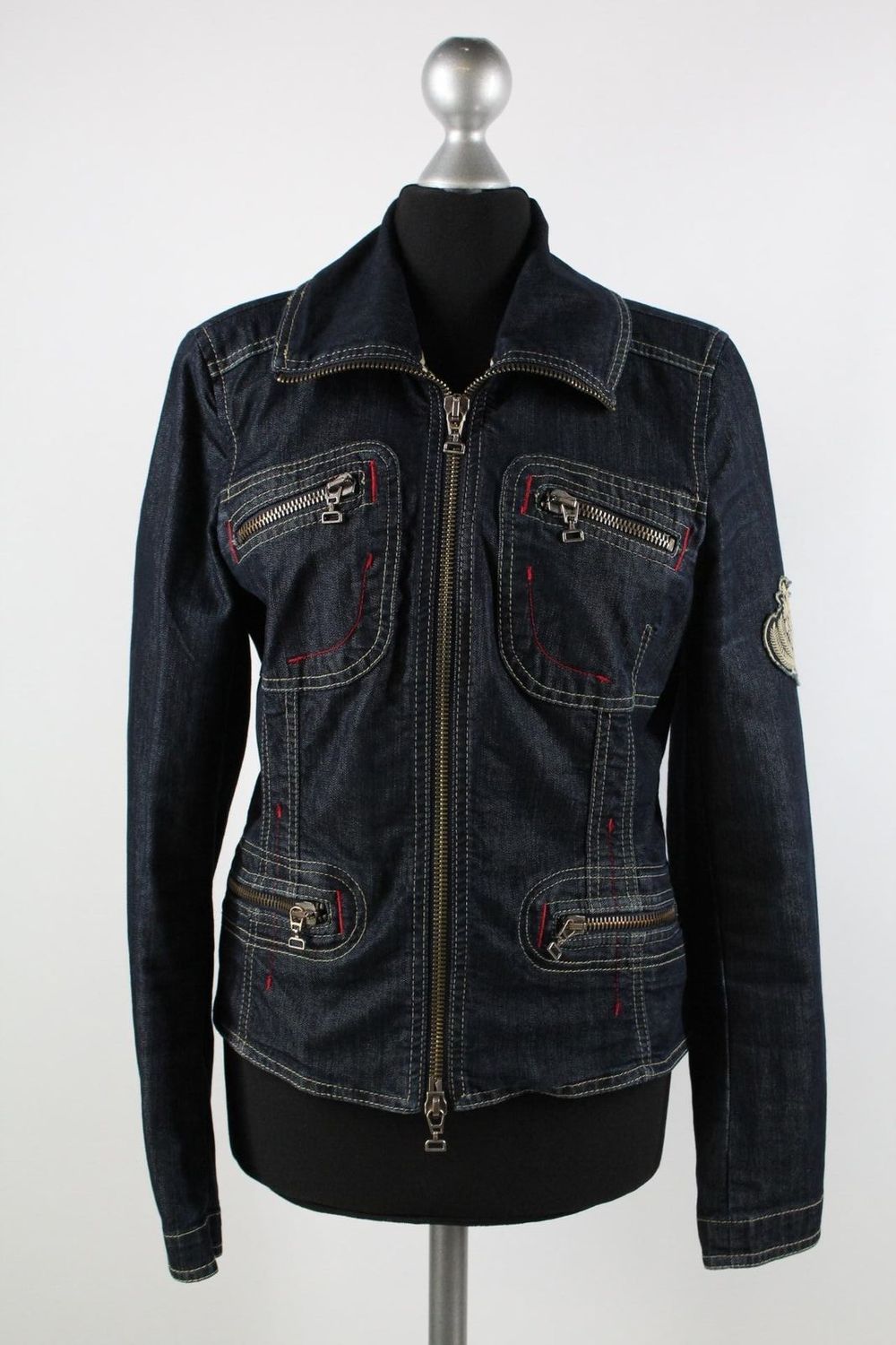 Biba Damen Jeans Jacke Gr.36 blau/rot/natur Baumwollmischung Top Zustand