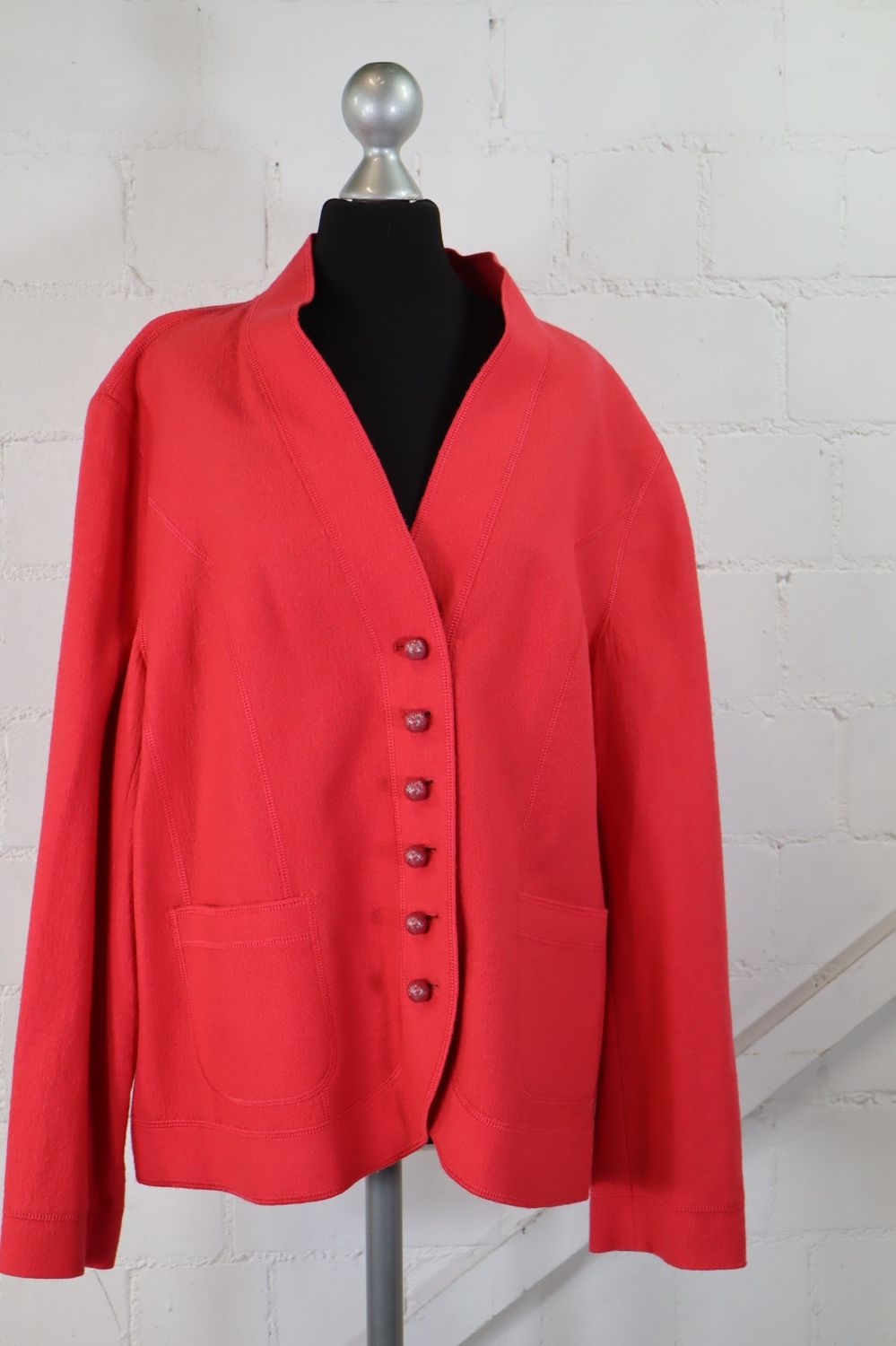 Delmod Damen Jacke Gr. 46 Schurwolle Erdbeerrot RAL 3018 Blazer Top Zustand