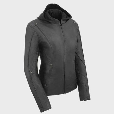 MLL2555 Women&#39;s Black 3/4 Hooded Leather Jacket with Side Stretch