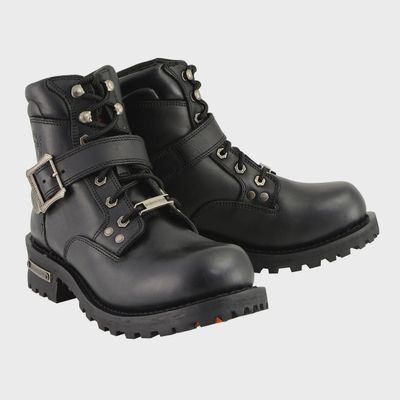 MBM9010 Men&#39;s Black Leather 6-inch Engineer Boots with Side Buckle