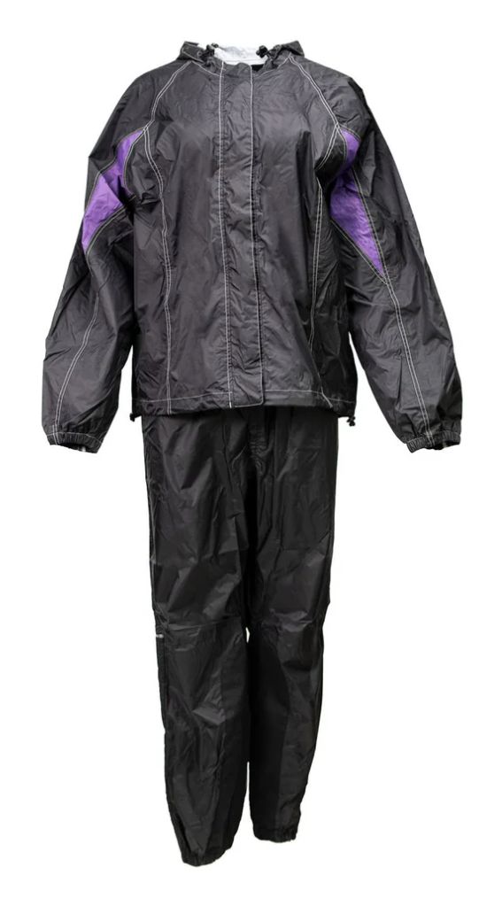 MPL9601 Women&#39;s Black and Purple Water Resistant Rain Suit w/ Reflective Material and Hoodie