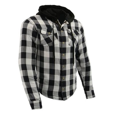 MPM1629 Men&#39;s Plaid Hooded Flannel Biker Shirt with CE Approved Armor - Reinforced w/ Aramid Fibers