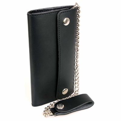 MLW7811 Men&#39;s 8” Black Leather Biker Wallet - Bi-Fold w/ Anti-Theft Stainless Steel Chain