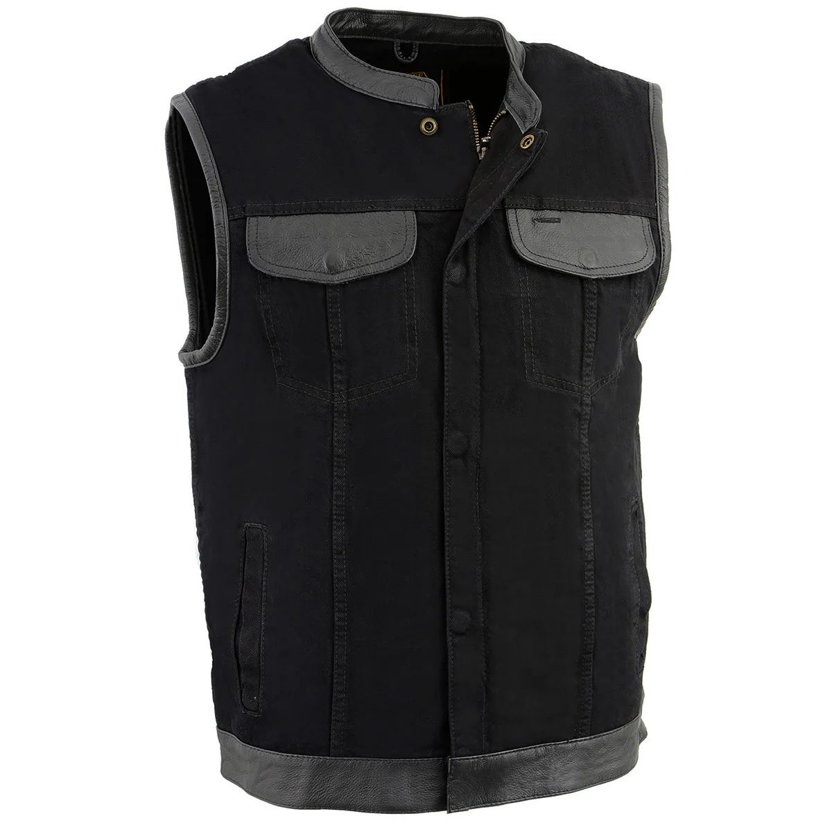 MDM3010 Men&#39;s Black Denim Club Style Biker Vest with Leather Trim and Hidden Zipper
