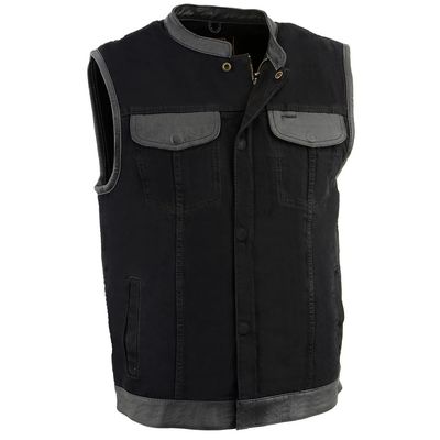 MDM3010 Men&#39;s Black Denim Club Style Biker Vest with Leather Trim and Hidden Zipper