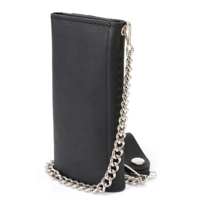 MLW7865 Men&#39;s 7&quot; Black Soft Premium Cowhide Leather Tri Fold Wallet w/ Anti-Theft Stainless Steel Chain