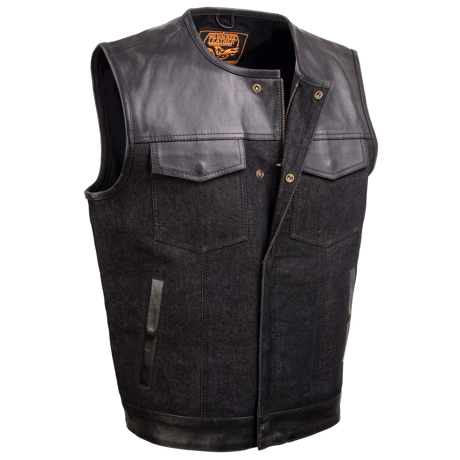 MDM3003 Men&#39;s &#39;Brute&#39; Concealed Snap Black Denim and Black Leather Club Style Vest w/ Hidden Zipper